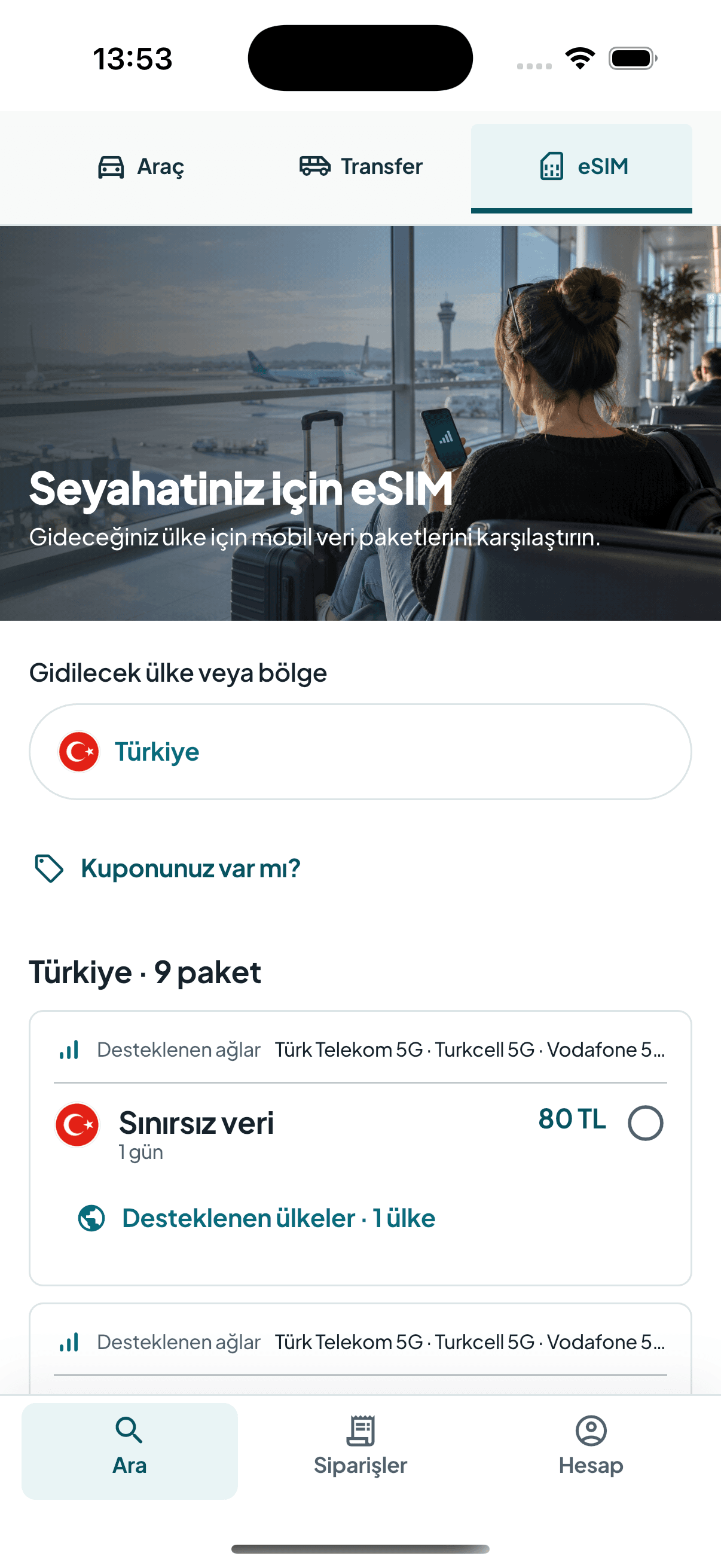 Go Araç seyahat eSIM arama ekranı