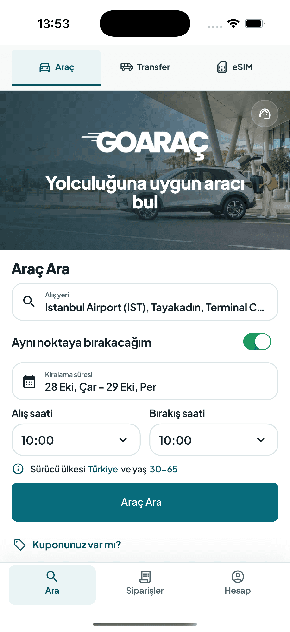 Go Araç uygulamasında araç arama ekranı