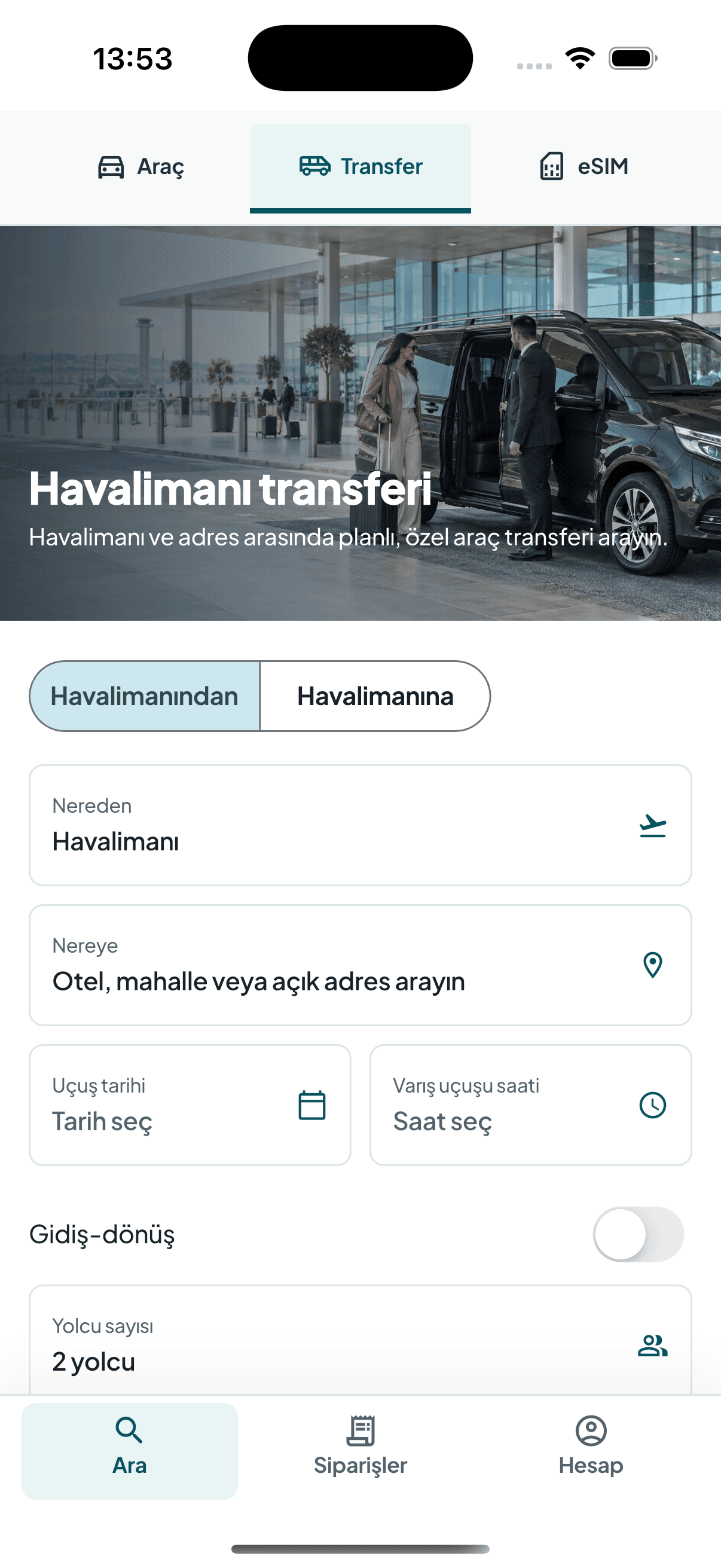 Go Araç havalimanı transferi arama ekranı