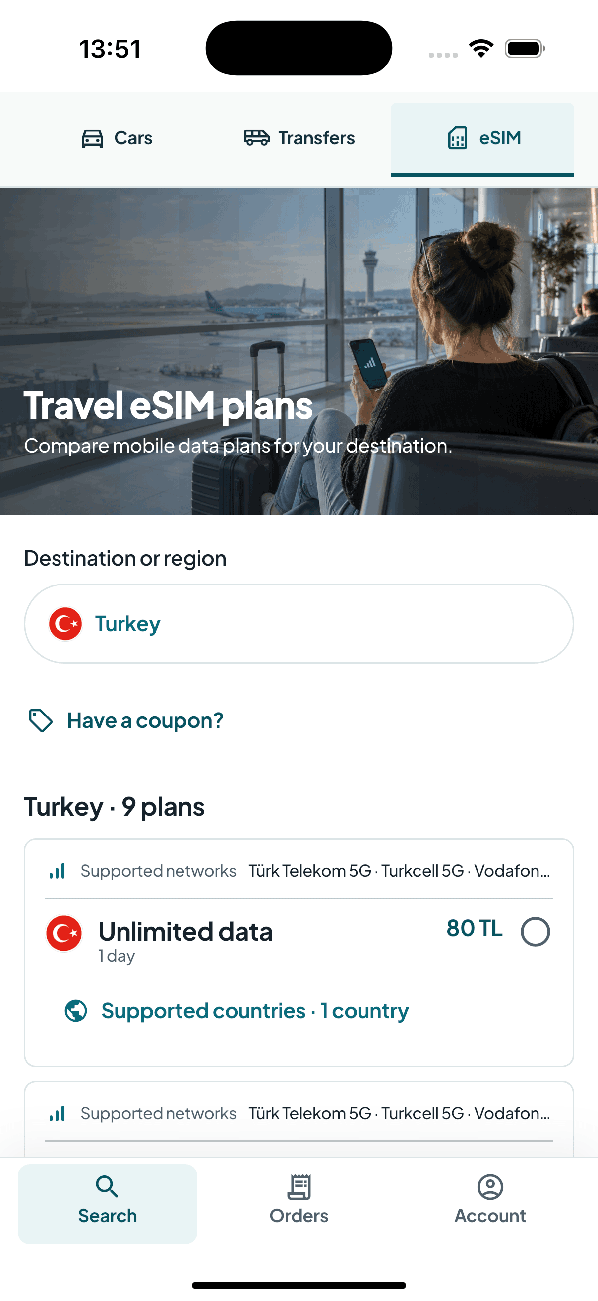 Go Araç travel eSIM search screen