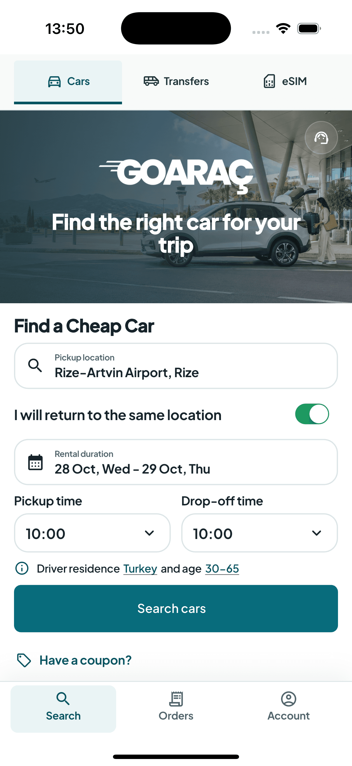 Go Araç car rental search screen