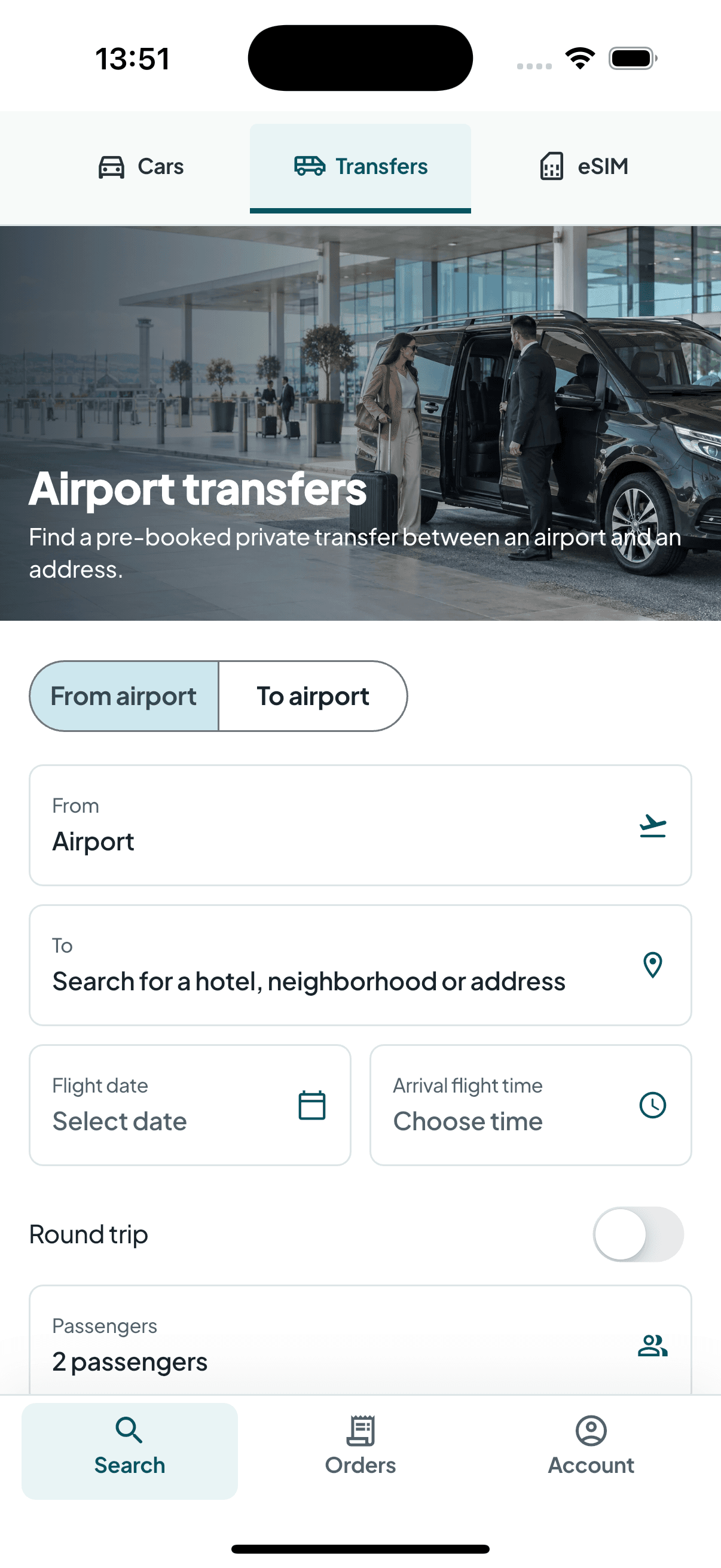 Go Araç airport transfer search screen